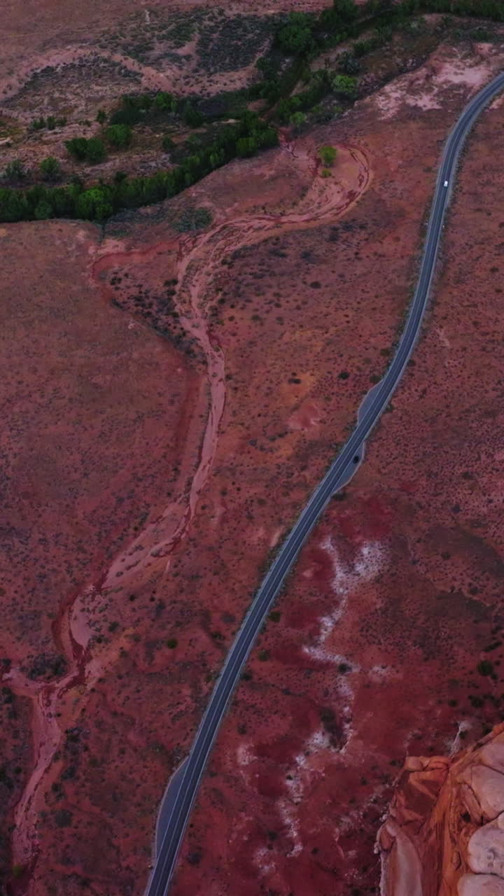 Following the highway going through the desert plain among the canyons. Zion National park in Utah, USA. Aerial perspective. Vertical video