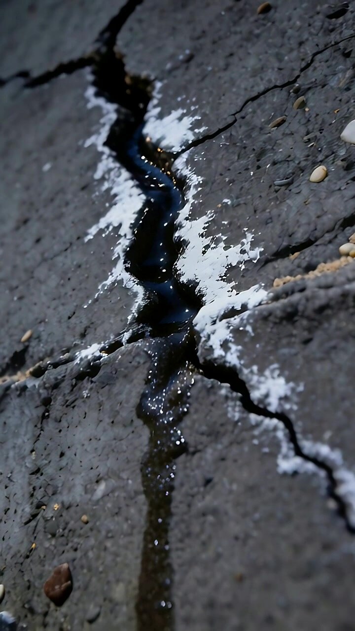 Video verticale: Olio scuro che trasuda tracciando una crepa irregolare sul cemento, lasciando una scia bagnata e polvere
