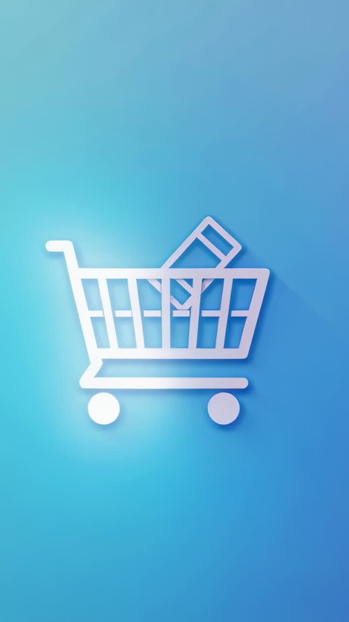 Vertical video: Tracing glow outlining cart causing scaling on cyan-blue gradient emphasizing box