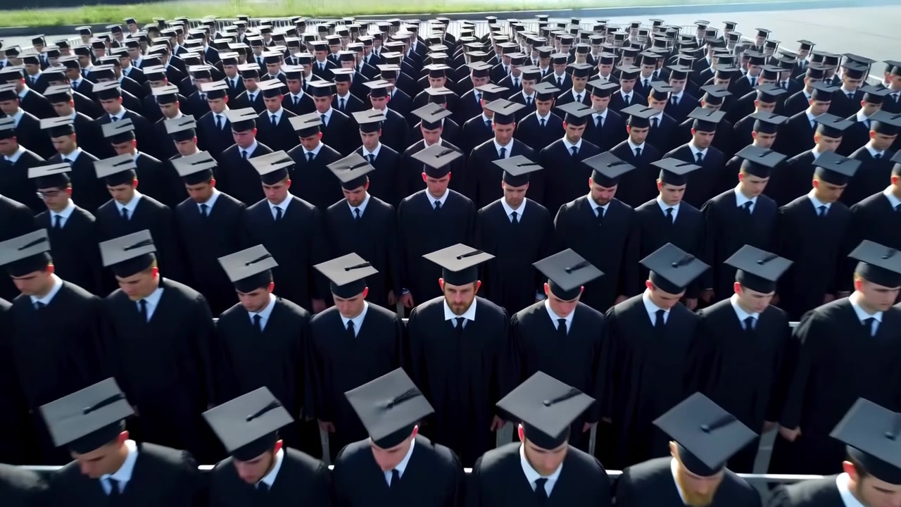 High overhead view showing hundreds of male graduates in black academic gowns and square mortarboards standing shoulder to shoulder in tight, symmetrical rows outdoors under daylight, creating