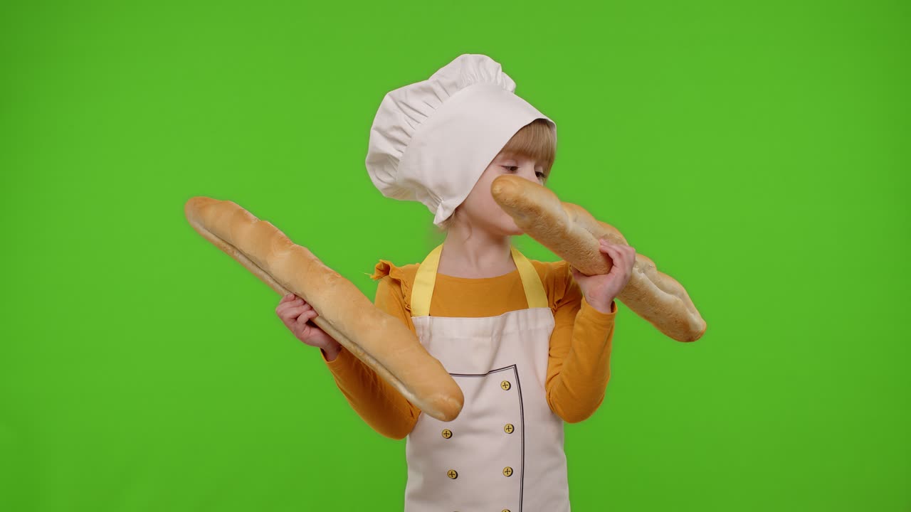 Bambina fornaia con grembiule e cappello che annusa due baguette, scherzando e facendo smorfie