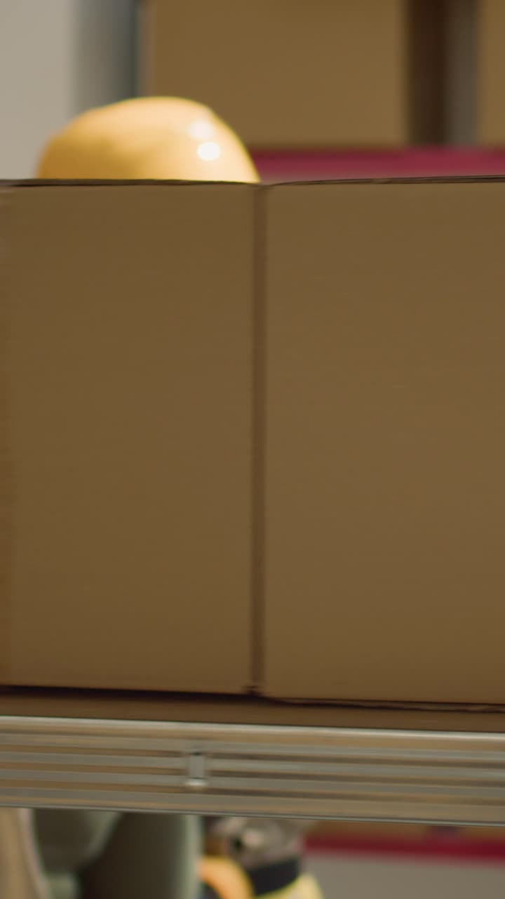 Vertical video Focused warehouse workers scan boxes
