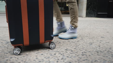 a woman with a travel bag on wheels goes to a pedestrian crossing in a crowd of people only legs are