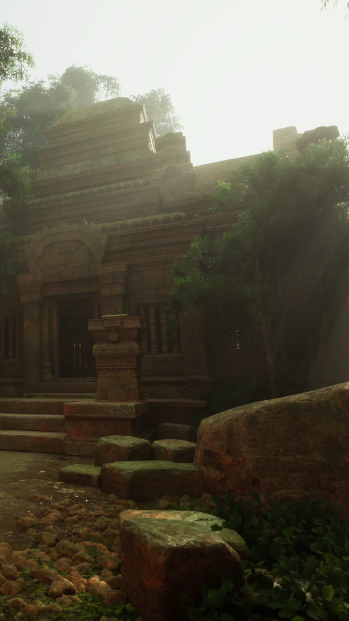 Ancient stone temple hidden among lush greenery during golden hour