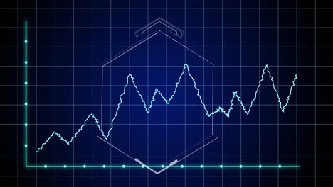 animación del procesamiento de datos estadísticos a través de la red de cuadrícula y forma hexagonal sobre fondo azul