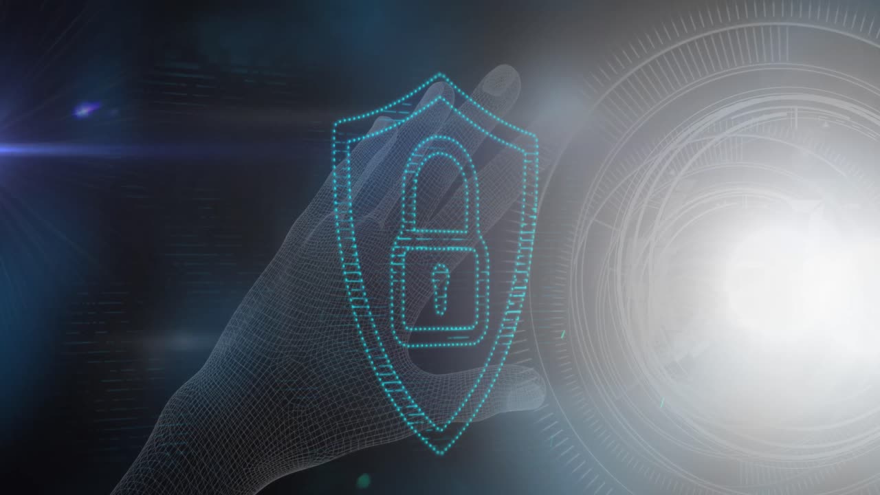 animación del candado de seguridad en línea sobre la mano y el escaneo del alcance