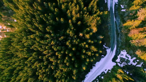 秋季色彩的森林和部分被雪覆盖的道路的无人机拍摄