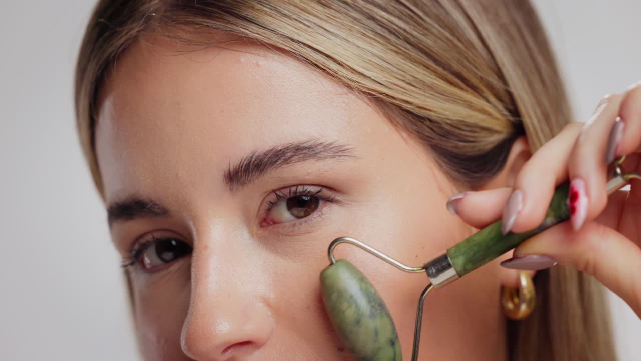 Close-up of a woman using a jade roller on her face