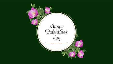 Animación-Del-Texto-Del-Feliz-Día-De-San-Valentín-Con-Flores-En-Forma-De-Círculo-Sobre-Fondo-Verde