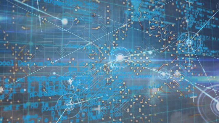 Animation of digital interface with network of connections on dark background