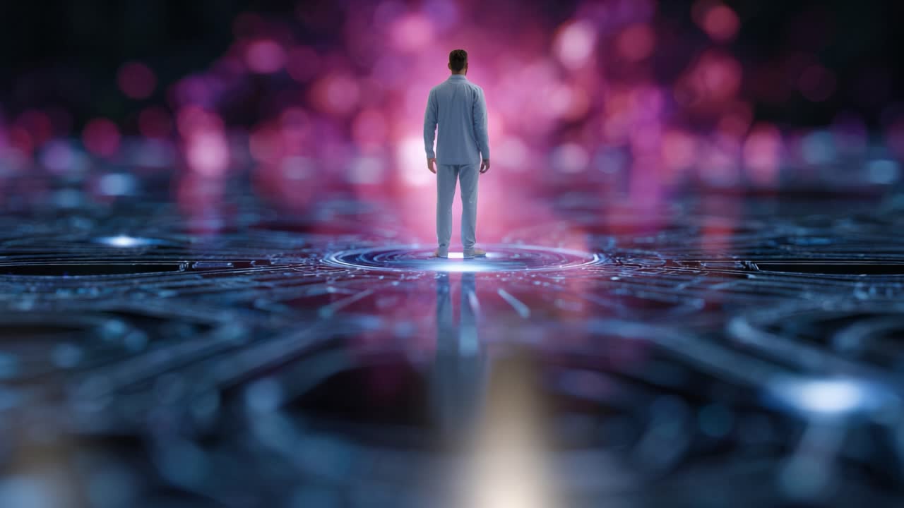 A solitary figure stands in a futuristic landscape illuminated by vibrant purple and blue hues, surrounded by intricate patterns and glowing technology elements