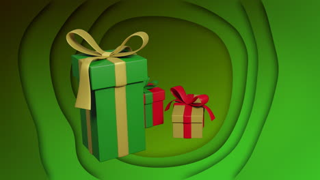 rotating red, gold and green christmas gifts over layered green ring background