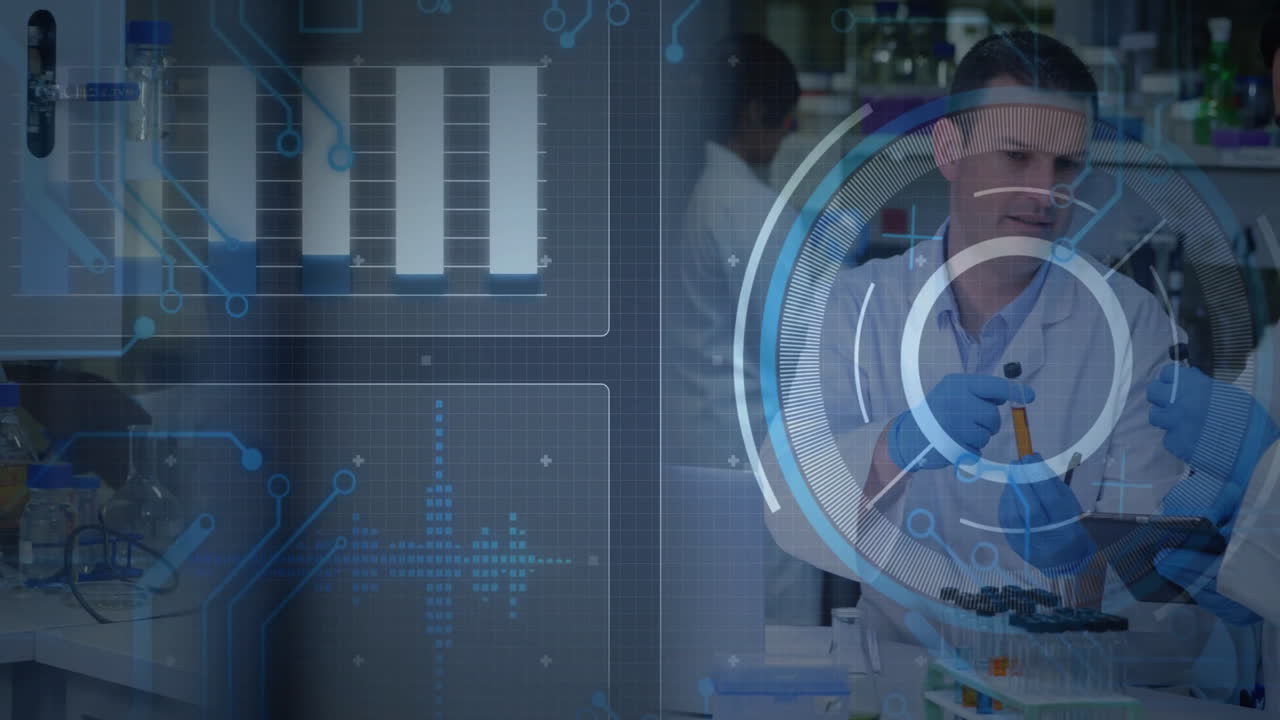 Scientist working in laboratory with digital data processing animation overlay