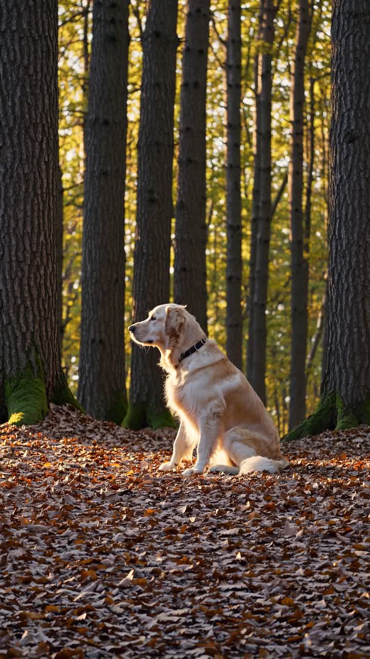 Golden retriever sits among autumn leaves in a forest, captured from a side angle