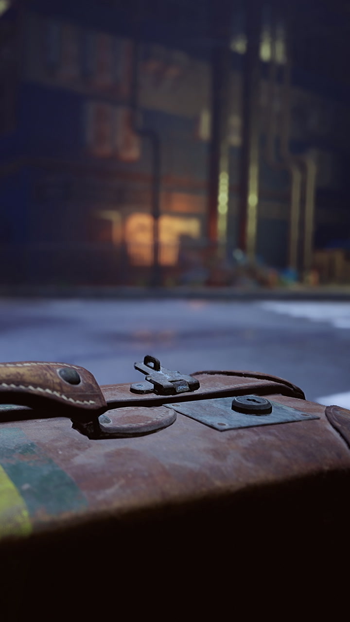 Old leather suitcase resting on the street under soft city lights