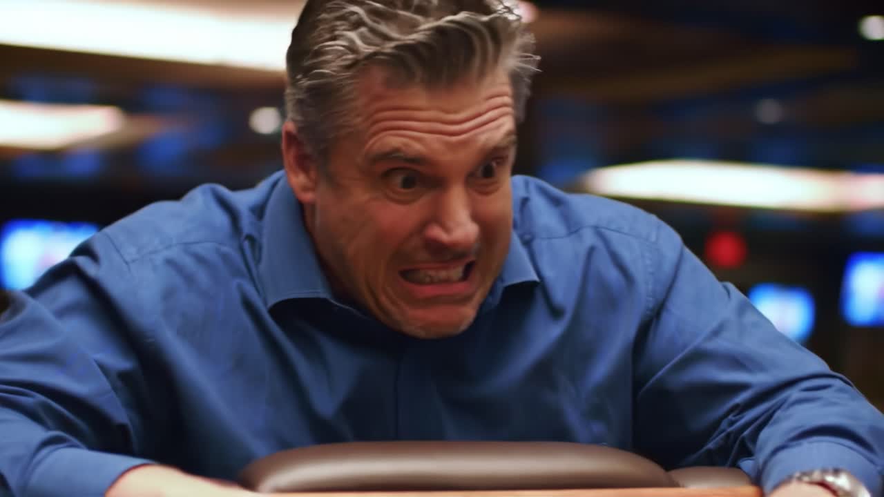 Intense Emotion at the Gambling Table: A High-Stakes Moment Captured in This Video Revealing the Strains of Competition and Desire in a Strategy Game Setting