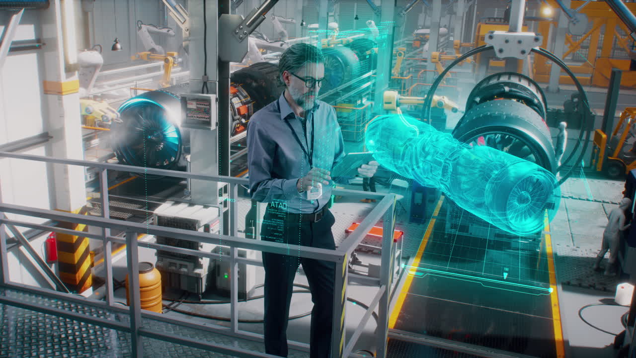 Engineer Inspecting Jet Engine in a Modern Factory using Augmented ...