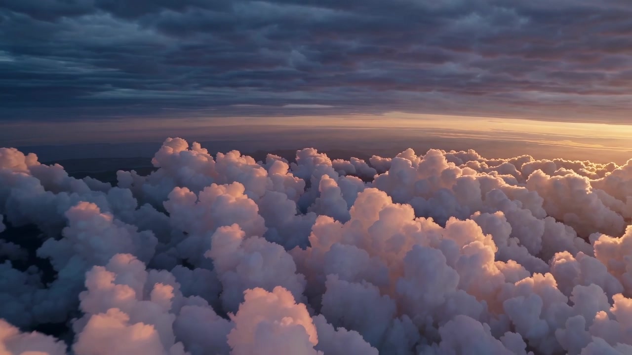Aerial View of Fluffy Clouds Illuminated by Golden Sunset Light