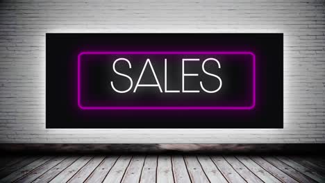 digital animation of sales text in neon rectangle frame over wooden surface against grey brick wall