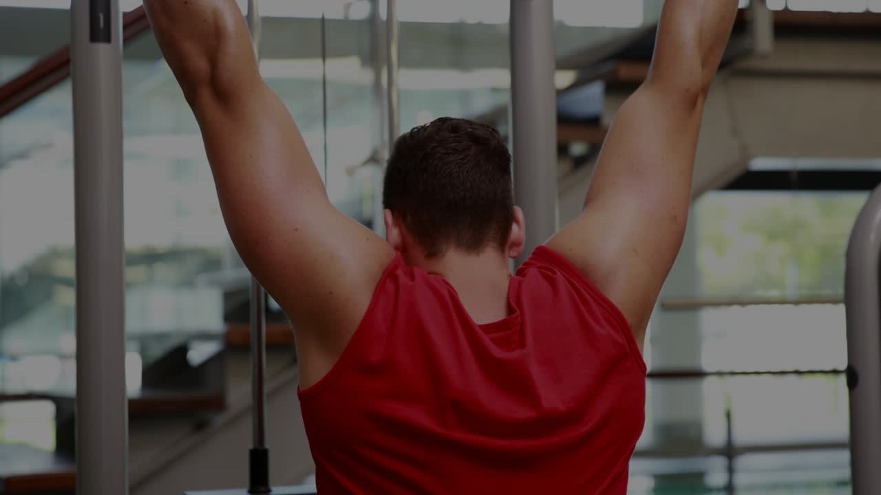Man gripping lat bar and pulling down, teal wave overlay sweeping across back, training strength