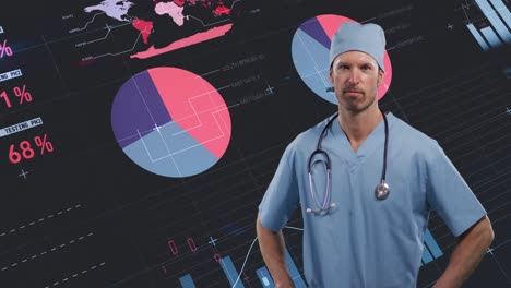 Animation-of-statistics-recording-and-world-map-over-portrait-of-male-doctor