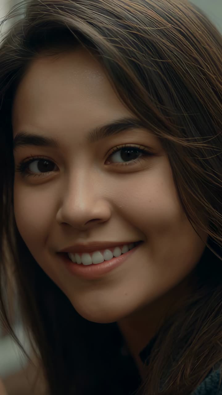 Vertical video: Smiling woman on cue changing gaze and look in studio with shelves, in dark top