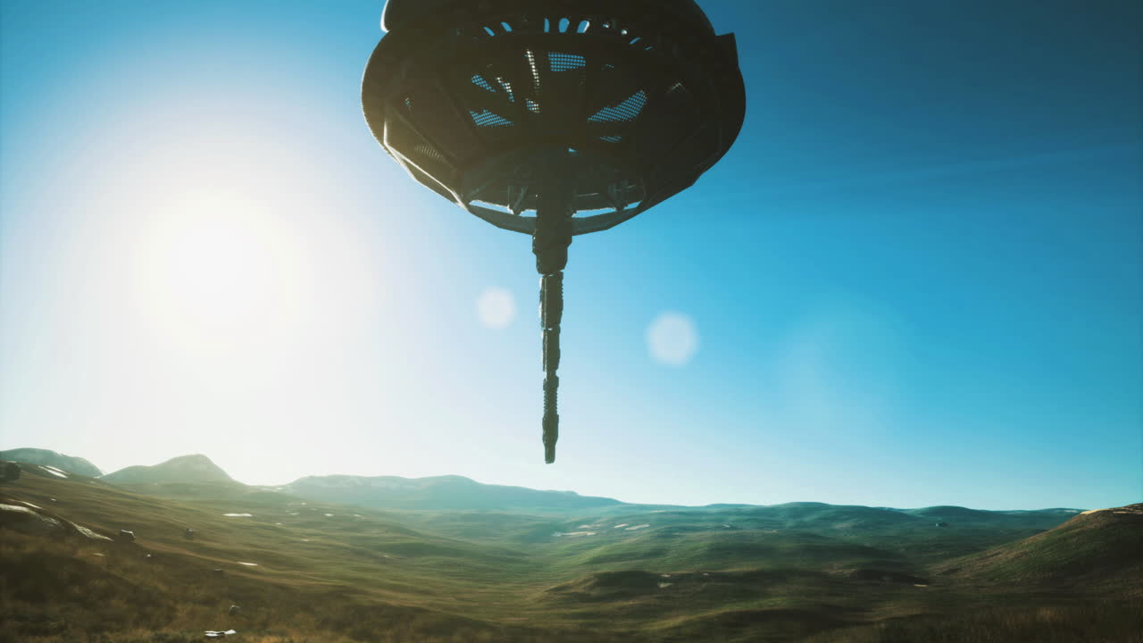 Mysterious alien craft descending into a tranquil valley at sunrise
