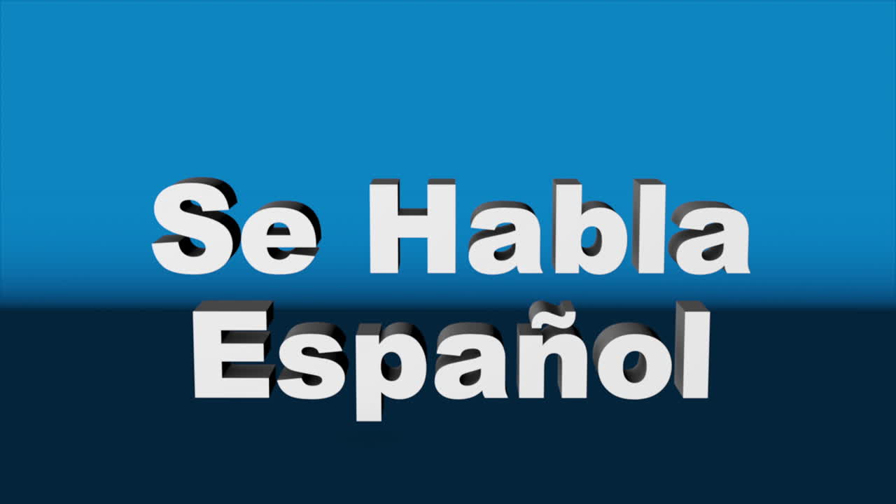 A 3D graphic rendered with Cinema 4D, of white 3D text &amp;quot;Se Habla Espanol&amp;quot; against blue background