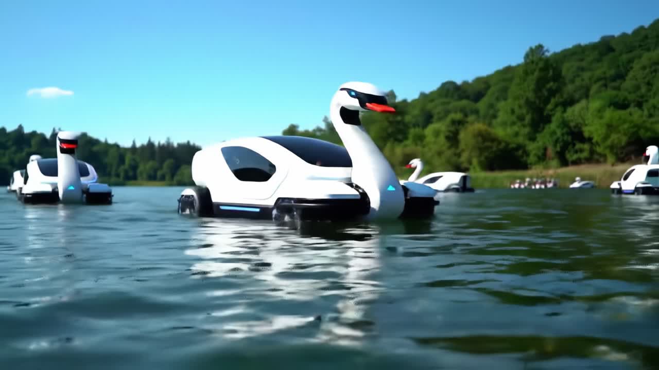 Futuristic Autonomous Swan-Shaped Vessels Gracefully Navigating Serene Waters Amidst Lush Greenery, Showcasing Innovative Design and Technology in a Picturesque Environment