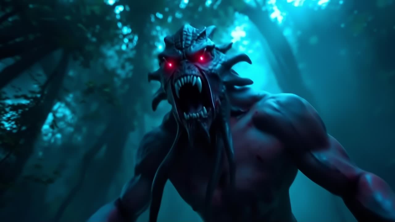 A demonic creature with red eyes in the woods
