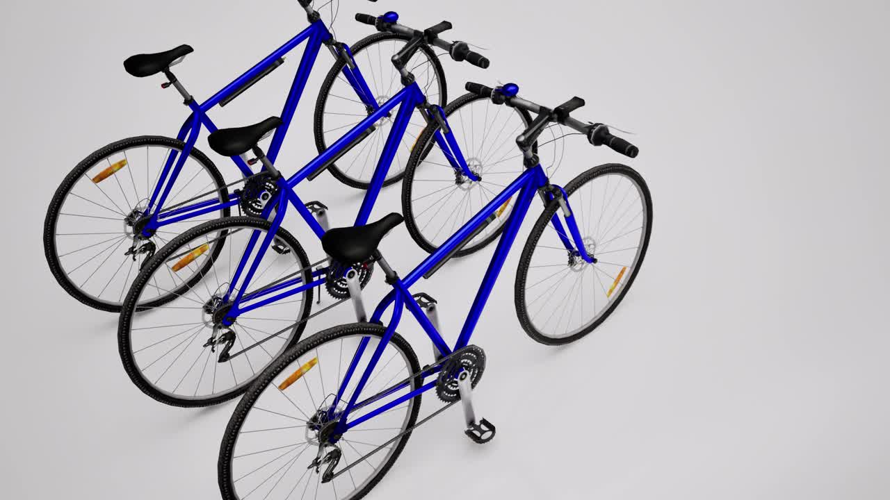 색 배경에 3개의 파란색 3d 자전거, 3d 애니메이션, 카메라 천천히  아웃