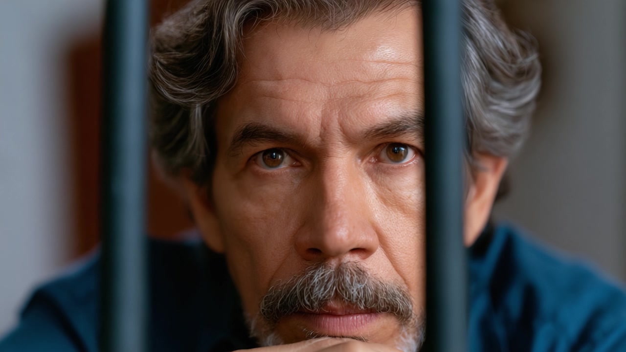 A contemplative moment captured through bars, revealing deep emotions in the eyes of a thoughtful man, reflecting a blend of resilience and vulnerability in his expression.