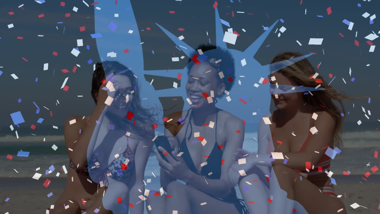 해변에 있는 다양한 여성 친구들 위에 자유의 여신상과 콘페티의 애니메이션