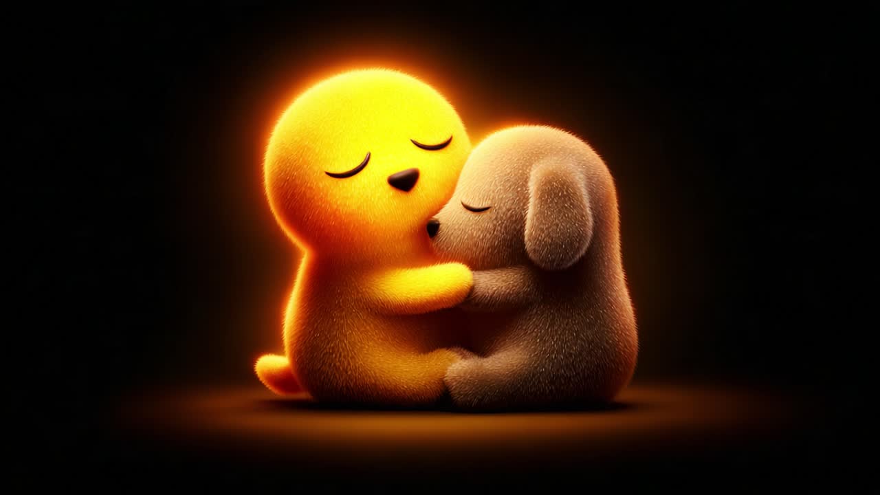 Two adorable cartoon puppies, one yellow and one brown, share a loving embrace, radiating warmth and cuteness in a softly lit scene that captures their friendship beautifully