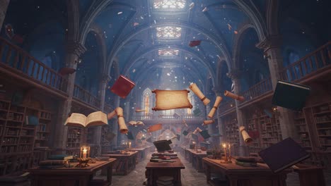 a mystical library with floating books and scrolls capturing the enchantment of knowledge in a grand hall with illuminated windows and dusty air