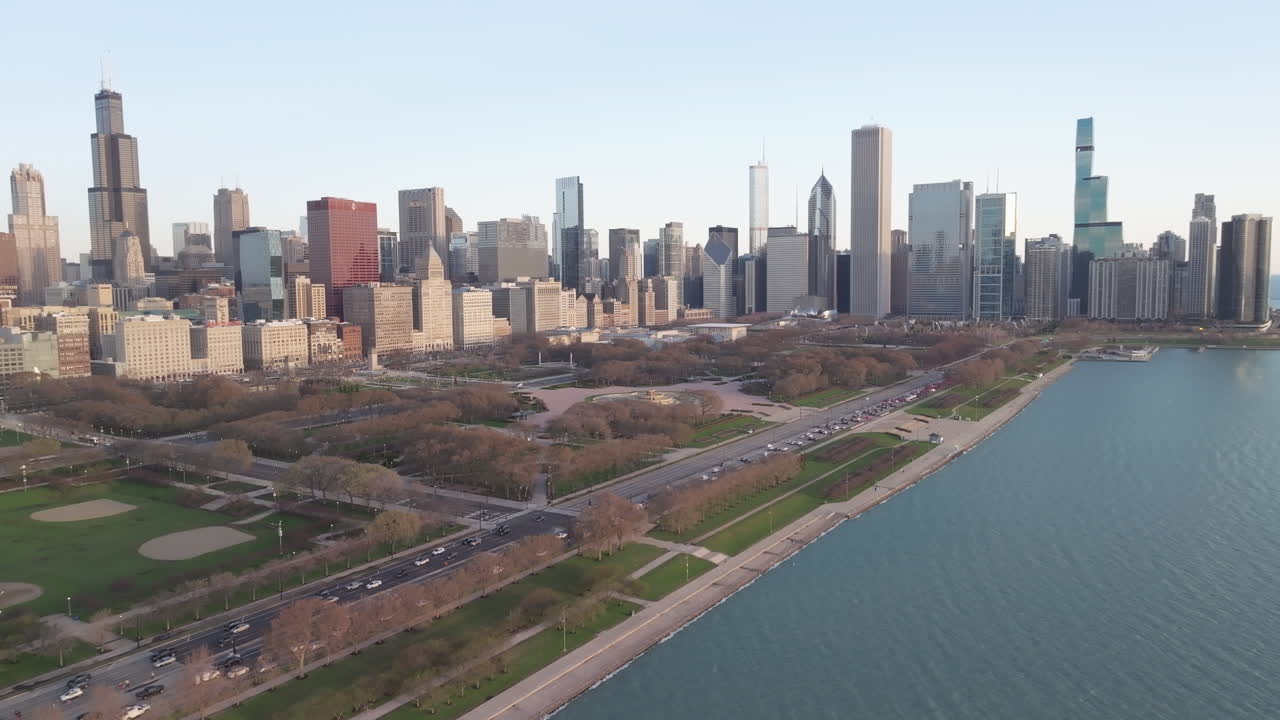 Aerial view of Chicago and Lake Michigan at sunrise