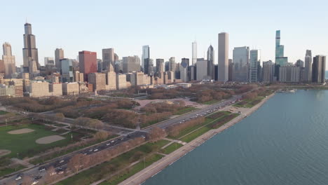 aerial view of chicago and lake michigan at sunrise