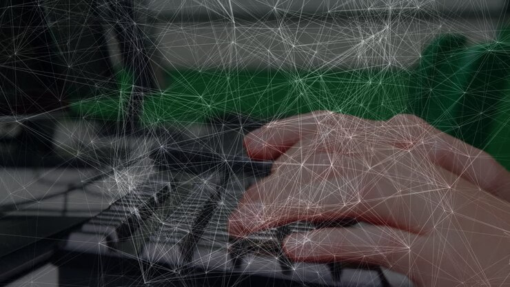 Animation of network of connections over caucasian male student using computer