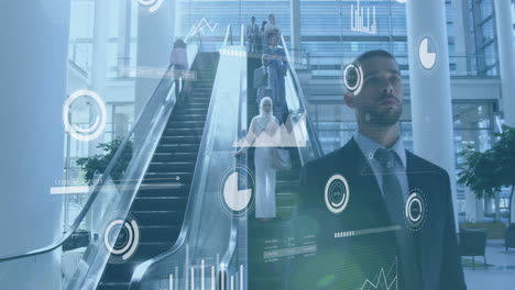animation of graphs, loading bars and circles over caucasian man getting down using escalator