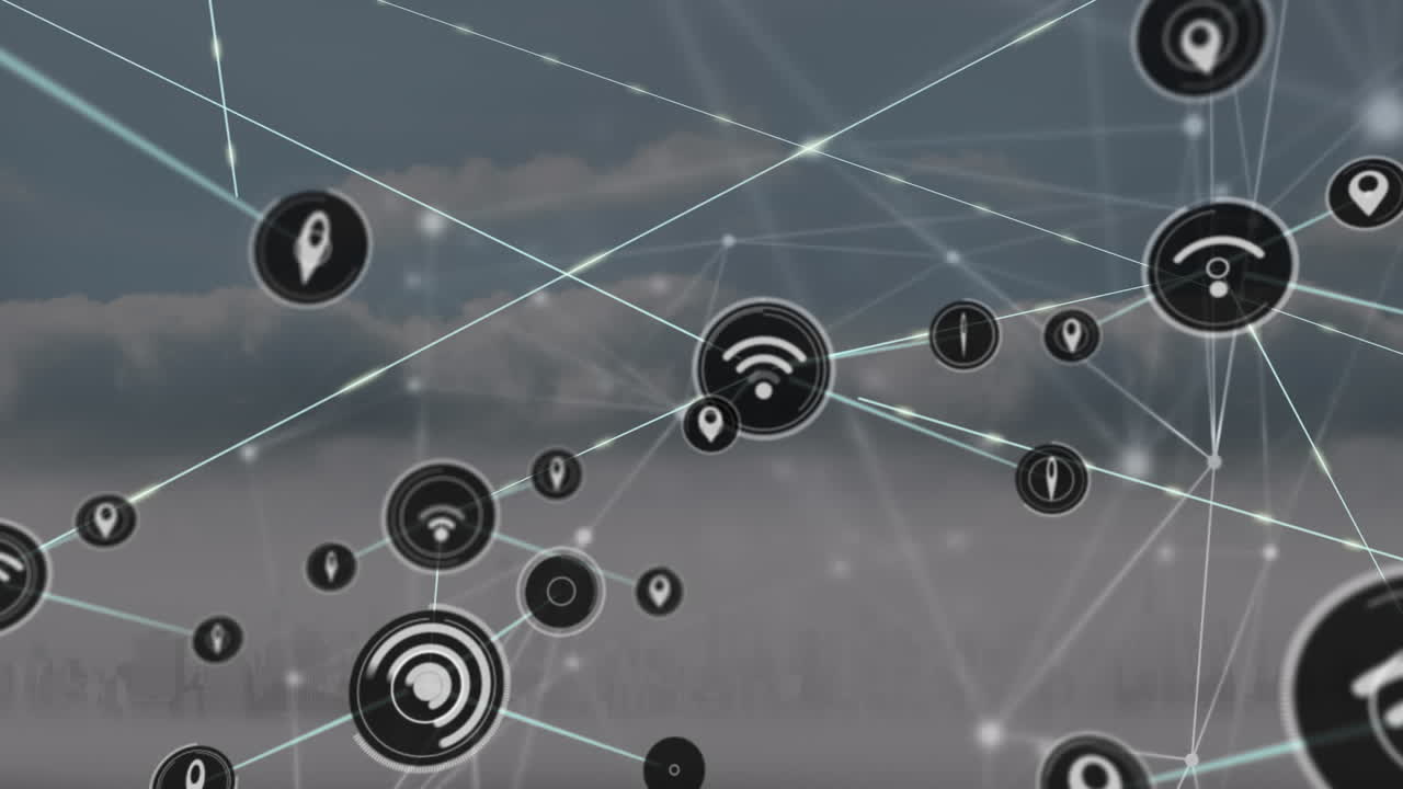 animación de íconos y puntos conectados con línea contra nubes densas y ciudad en el fondo.