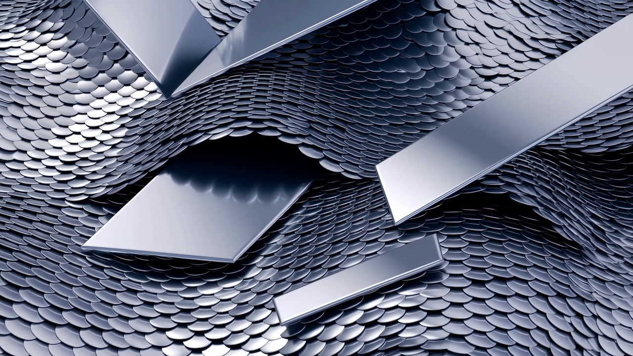 Shimmering Metallic Scales With Floating Plates Creating Tension Between Smooth Chrome Bars And Textured