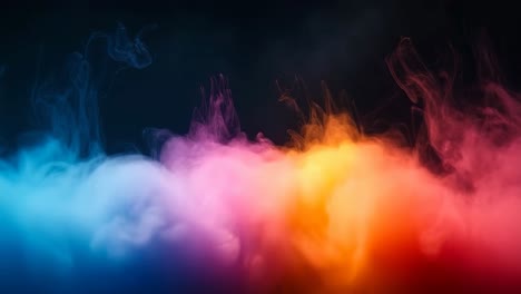 vibrant colorful smoke fills air. colorful smoke swirls in reds, blues, and yellows, creating a captivating display against a dark background.