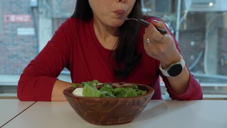 cropped portrait of an asian woman eating nutritious lettuce salad in a bowl