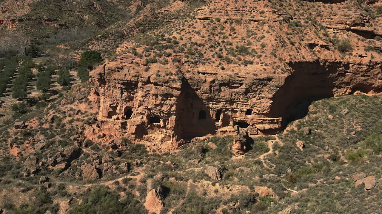 Almagruz troglodyte city. Prehistoric settlement of caves in the mountain. Aerial view. Purullena. Spain.