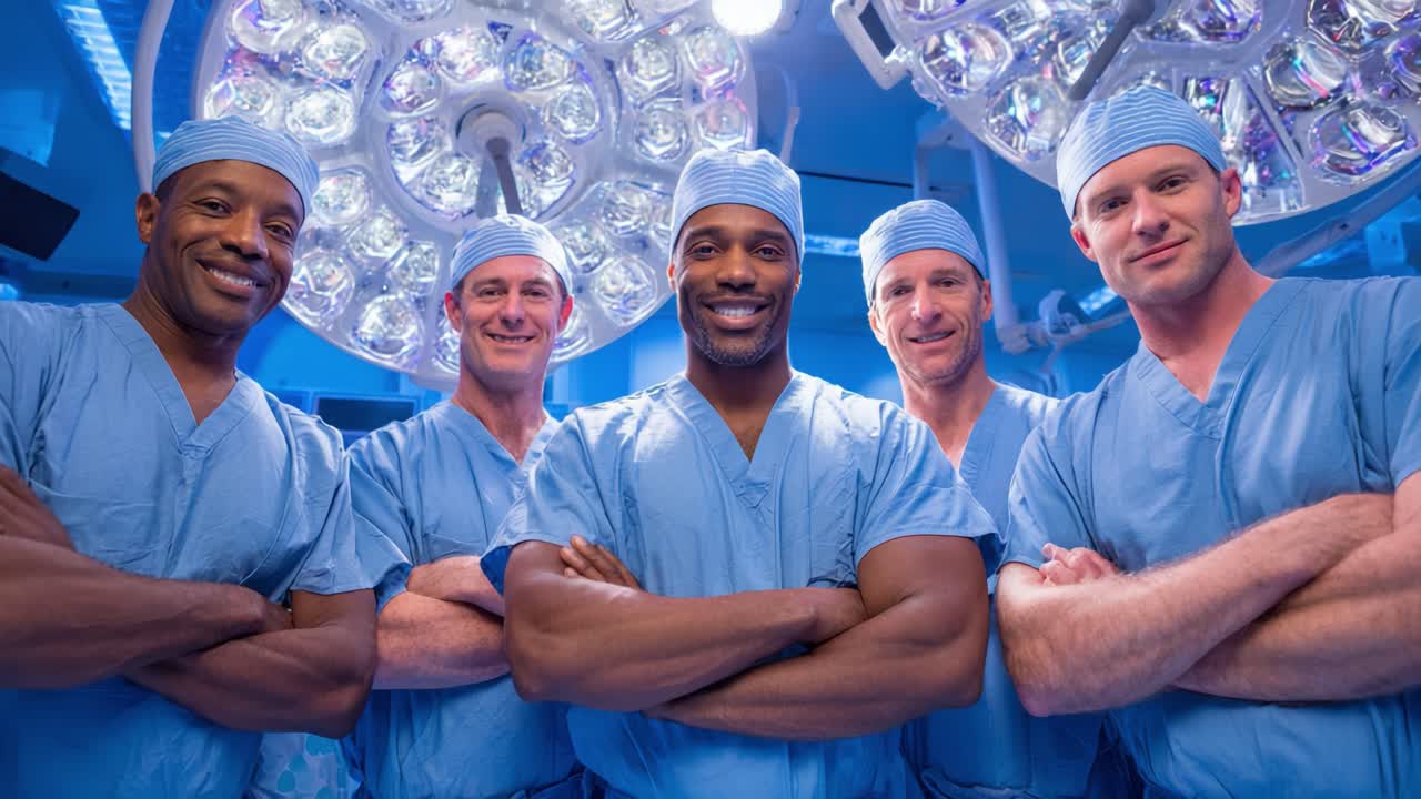 A Group of Skilled Surgeons Standing Confidently in an Operating Room, Showcasing Teamwork and Professionalism Under Bright Surgical Lights
