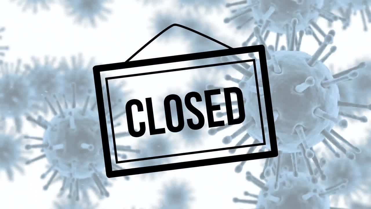 대규모 코로나19 세포 위에 떠다니는 검은색 닫힌 표지판의 애니메이션