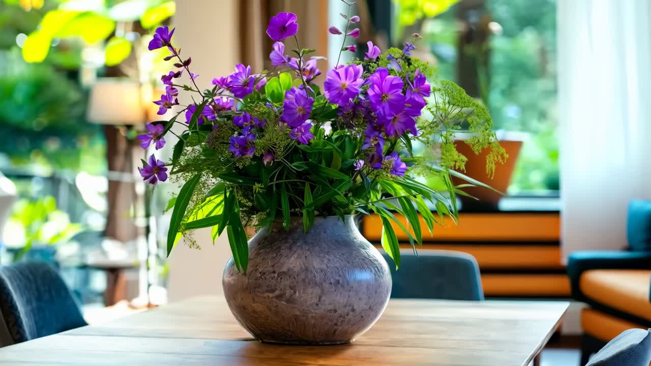 un jarrón de flores púrpuras sentado en la parte superior de una mesa de madera