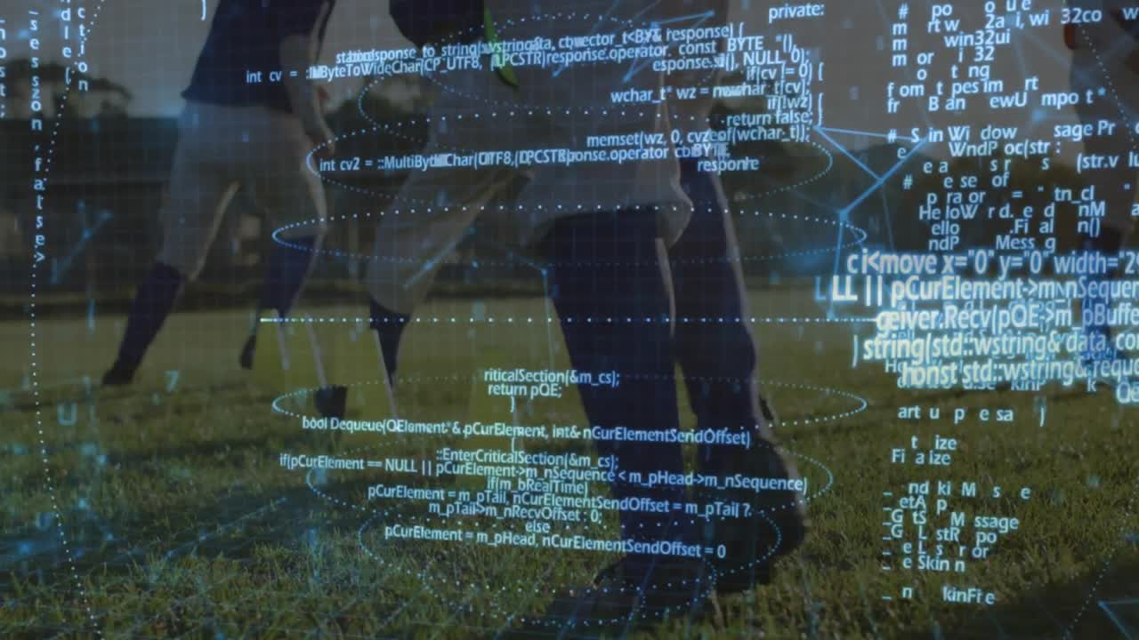 Soccer players stepping onto grass, jogging in training, causing data streams aligning with cleats