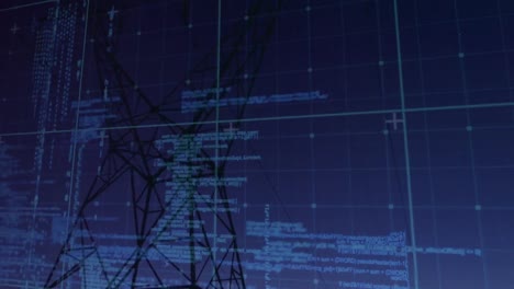 Animación-Del-Procesamiento-De-Datos-Sobre-Un-Paisaje-Con-Torres-De-Alta-Tensión.