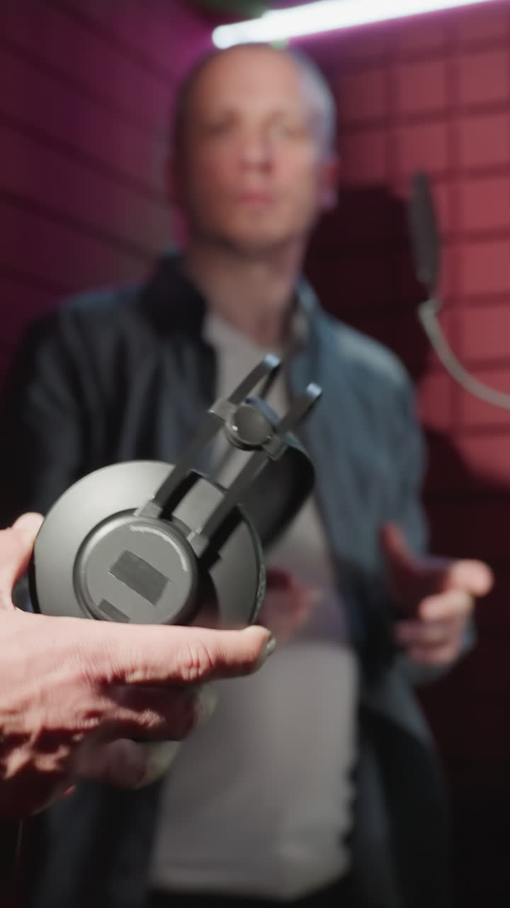 A focused scene in a recording studio where a man in a black shirt hands over headphones to another man in a blue long-sleeve shirt, set against a softly blurred red soundproof background